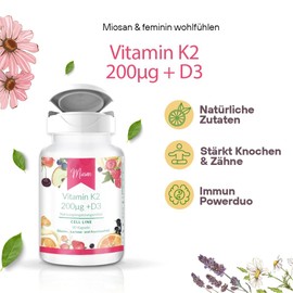 Vitamin K2 200μg + D3 250μg - CELL LINE - 90 Kapseln - Hochdosiert - 100% Vegan – Herstellung & Laborprüfung in Deutschland | MIOSAN® CLUB - Exklusives Wohlbefinden