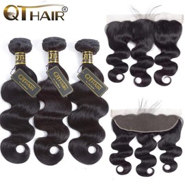 QTHAIR Paquetes de cabello humano ondulado de grado 12A con encaje frontal brasileño ondulado con encaje frontal de color transparente de 13 x 4 de oreja a oreja con paquetes ondulados (12, 14, 14+10 frontal, color natural)