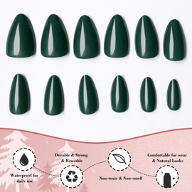 LoveOurHome 240pc Almond Press on Nails Short Fake Nails Green Glue on Nails Short Almond Nails Press ons Acrylic Nail Full Cover Artificial Fingernail XS Stiletto False Nail with Adhesive Tabs