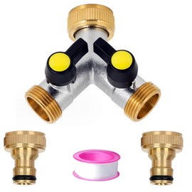 2 Way Hose Manifold Splitter Brass Garden Outside Tap Splitter,3/4" Tap Adapter Hose Pipe Tap Splitter Outdoor,Dual tap Connection 2 Ports with On/Off Valve with 2 * 3/4" inch Quick Connector