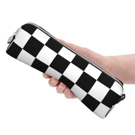 Ykklima Leather Pencil Case - Black White Race Checkered Flag Pattern, Stationery Bag Pen Organizer Makeup Cosmetic Holder Pouch for School Work Office College