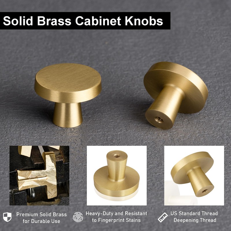 QOGRISUN 5-Pack Solid Brass Cabinet Knobs, Circular Gold Knobs for