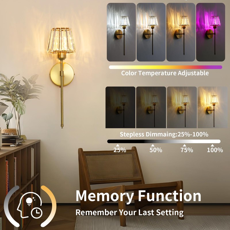 Battery Operated Crystal Wall Sconce Set of 2, Gold Rechargeable