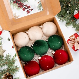 Polly Online Velvet Christmas Balls Ornaments 9 Pack,Lightweight,60mm/2.36inch Shatterproof Xmas Bulbs Hanging Ornament Christmas Tree Ball Birthday Holiday Wedding Decorations,Beige,Green,Red