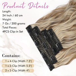 REECHO Clip in Hair Extensions, 4PCS Hair Extensions 24" Thick Long Beach Waves hair extensions HE003 Invisible Lace Weft Natural Soft Hairpieces for Women (Dark Ash Brown with Highlights)