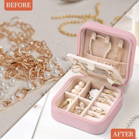 My Daily Travel Jewelry Case - Small Jewelry Box for Women Girls Gift Organizer Leather Jewelry Holder Boxes with Mirror, Pink, Initial R