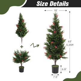 Sardoxx Set of 2 Artificial Cedar Topiary Trees with Red Berries, 5.25FT Simulation Christmas Pine Plant Faux Decorative Tree Indoor Outdoor Garden, Unique Shaped Luxuriant Realistic