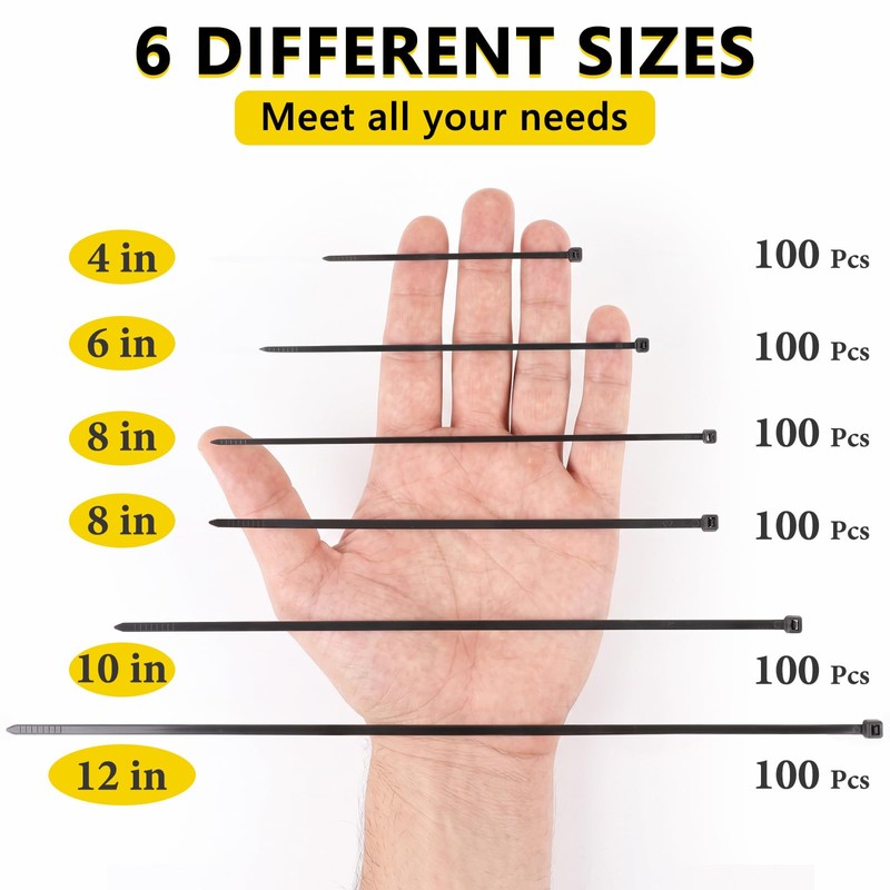 600 Pack Zip Ties Assorted Sizes(4''+6''+8''+8''+10''+12'')Black Cable Ties