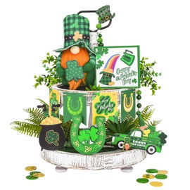 14PCS St Patricks Day Decorations,Gnomes Plush St. Patrick's Day Decor Set Bead Garland Saint Shamrock &Pot of Gold Wood Table Signs Leprechaun Hat Wooden Signs for Home Kitchen Decorations