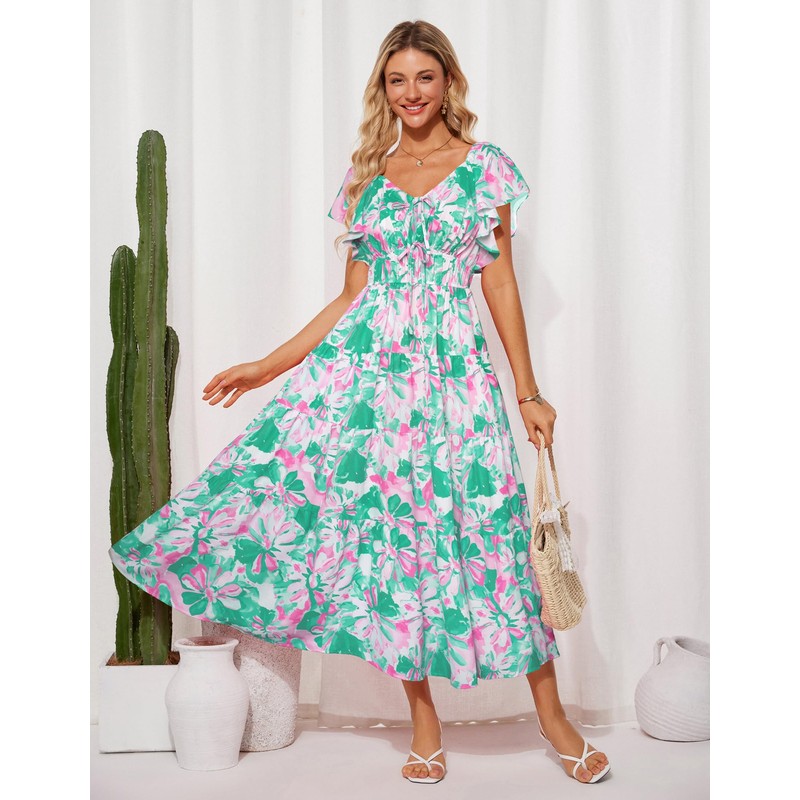 GRACE KARIN Womens 2025 Floral Summer V-Neck Ruffle Sleeve Empire