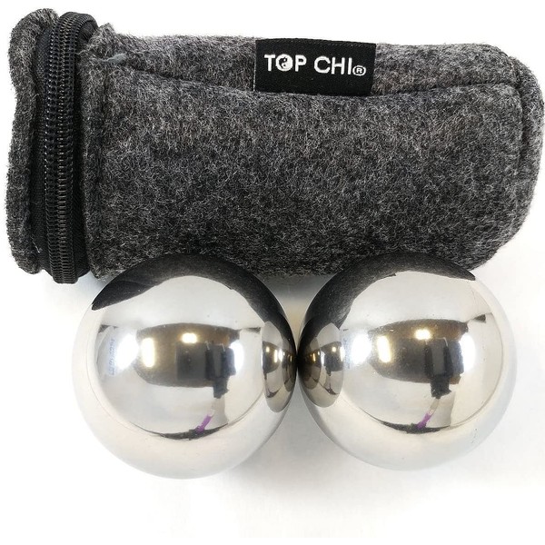 Top Chi 1 lb. 1.5 Inch Solid Stainless Steel Baoding Balls with Carry Pouch. Non-Chiming Chinese Health Balls for Hand Therapy, Exercise, and Stress Relief