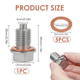 Magnetic Oil Drain Plug M14x1.5 Stainless Steel Sump Differential Oil Drain Plugs Nut Bolt with 5Pcs Copper Crush Washer Gaskets Replacement Universal for Most Car Motorcycle Boats