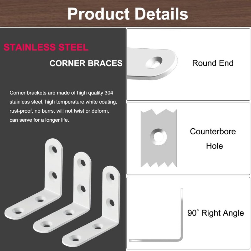 24 Pack White L Bracket 1.57 Inch Stainless Steel Corner
