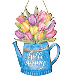 Spring Flower Door Sign Spring Door Decor Hello Spring Sign Welcome Sign for Front Door Colorful Wooden Spring Hanging Decorations for Home Indoor Outdoor Farmhouse Porch Decor (Watering Can)
