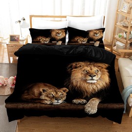 KXHHYB 3D Bed Linen Lion 200 x 200 cm Black Animal Motif, Hidden Zip Microfibre Reversible Bed Linen, Modern Brown Lion Quilt Cover and Pillowcase (Style 2,200 x 200 cm)