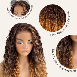 13x6 Omber Brown to Blonde HD Glueless Curly Lace Frontal Wigs Pre-Plucked, Deep Wave Lace Front Wig Similar Human Hair 200 Density, Synthetic Curly Wig for Black Woman Ready to Wear（26 inch）
