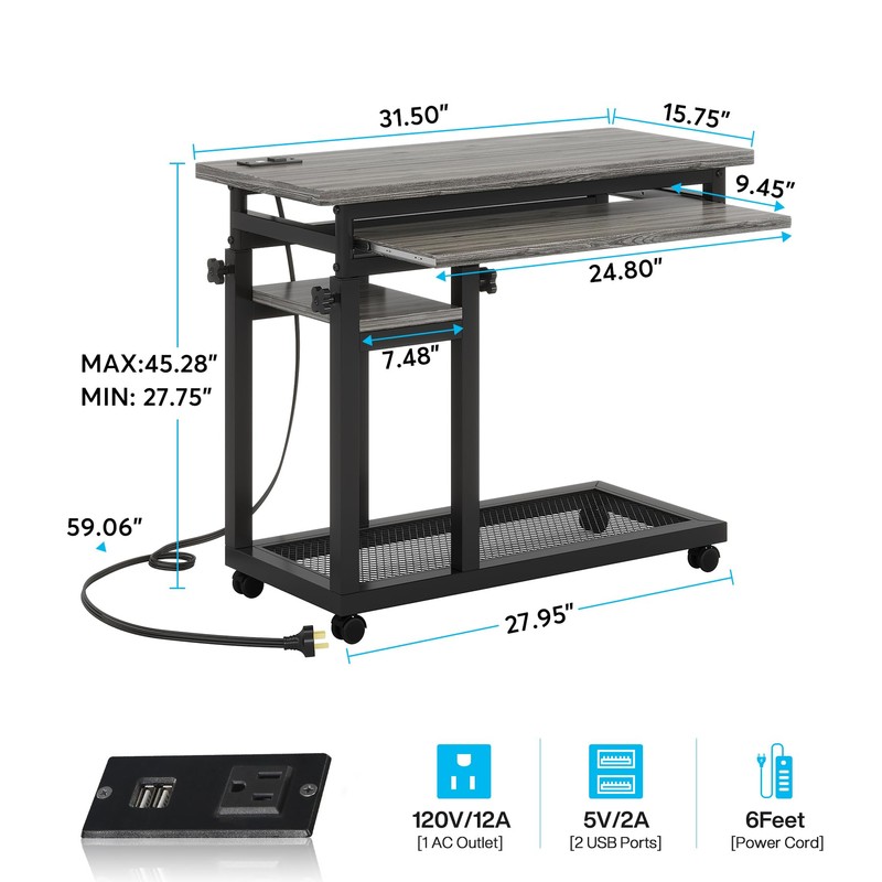 LITTLE TREE Small Computer Desk with Power Outlet, Heigh Adjustable