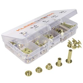 Klebeshop24 Book Screws Set | Assortment Box with 5 Different Sizes | 2 to 20 mm Filling Height | Various Designs / (Brass-Plated)