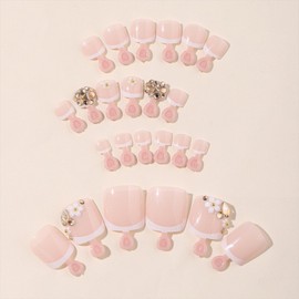 White French Press on Toenails Short Square Toe Nail Press ons Pink Fake Toe Nails with Flower Rhinestone Designs Spring Acrylic Toenails Glossy Glue on Toenails Stick on Toenails for Women 24Pcs