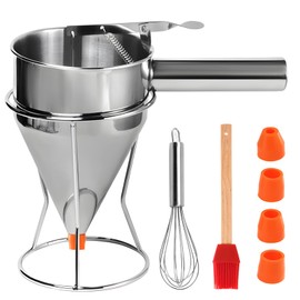 YOFAPA 40 oz Stainless Steel Batter Dispenser, 1.2 L Pancake Batter Dispenser with Stand, Batter Funnel with 4 Nozzles, Brush, Whisk, for Cupcake, Waffle, Crepes, Baking, Breakfast Prep