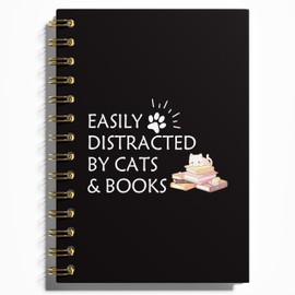 WFSM Easily Distracted by Cats and Books Notebook Journal, Cute Notebook Gifts for Book Lovers Cat Lovers, Librarian Gifts, Hardcover Spiral Notebooks for Work Note Taking, 5.5x8.3