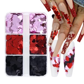 6 Grids Valentine's Day Nail Art Glitter Sequins 3D Holographic Mixed Heart Nail Glitter Flakes Red Black Purple Nail Sequins Valentines Day Nail Decorations for Women DIY Nail Supplies Accessories