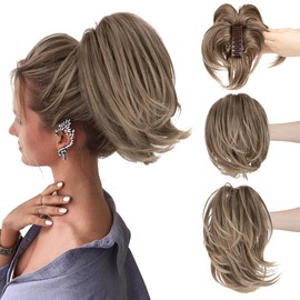 CJL HAIR Claw Clip Short Ponytail Hair Extensions DIY Bendable Metals Messy Bun Hair Piece for Wonen Straight Synthetic Fake Hairpieces Brown to Ash Blonde