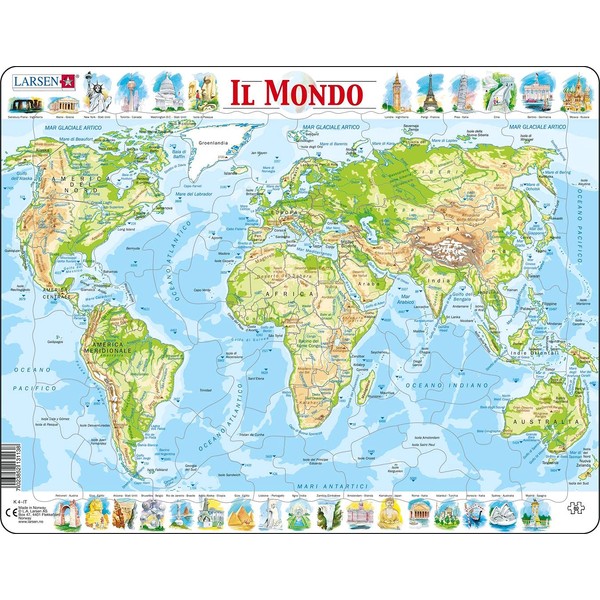 Larsen K4 The Physical Map of the World, Italian Edition, Framed Puzzle with 80 Pieces