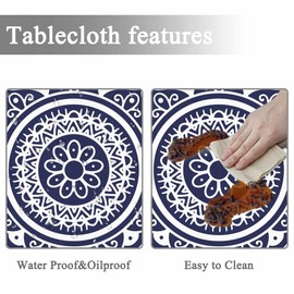 Yibeas Tablecloth Mandala Pattern Tablecloths 60" Diameter Round Blue and White Decorative Round Unusual Flower Shape Line Ornament Tablecloths for Dining Kitchen Wedding and Parties