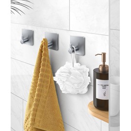 xdgeLoad Adhesive Towel Hooks for Bathroom, Silver Adhesive Heavy Duty Towel Hooks 6 Pack for Hanging/Bathroom/Kitchen/Robe, Stainless Steel Matte Towel Wall Hooks Without Punching