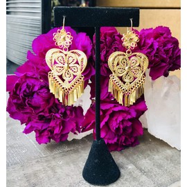 Folklorico Dance Traditional Mexican Gold Filigree Earrings, Heart Shape (Large) Earrings, Day of the Dead, Mexican Earrings, Heart Earrings