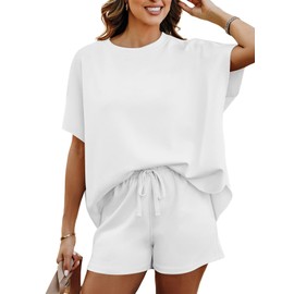 SHEWIN 2 Two Piece Sets for Women Spring Oversized Short Sleeve Lounge Sets Casual Drawstring Shorts Loungewear Pajama Sets for women Summer, White,XXL