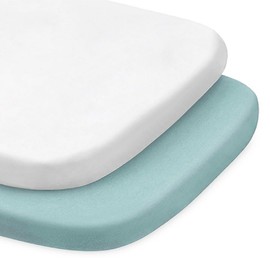 MEILA Bassinet Fitted Sheets Compatible with ANGELBLISS Baby Bassinet & AMKE Bassinets, 100% Jersey Cotton Beside Bassinet Sheet for Baby Girl, Pack of 2, 33x20 (Sage+Natural White)