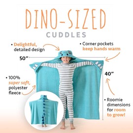 Canoogles Turquoise Dino Wearable Hooded Blanket for Kids, Blanket Hoodie, Soft, Cozy Hooded Fleece Blanket, Machine Washable, 40" H x 50" W, One Size