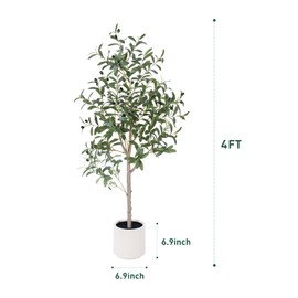 Olive Tree Artificial Indoor, 4ft Tall Silk Faux Olive Tree with White Planter, Artificial Plants with Natural Wood Trunk and Lifelike Fruits for Home Office Decor
