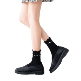 Fasele Women's Crew Socks, JK, Lace, Floral Pattern, Uniform, Girls, Pearl, Cotton, Soft, Breathable, Stylish, Cute, For School Commutes, Work, Spring, Autumn, Winter, 8.7 - 9.8 inches (22 - 25 cm),