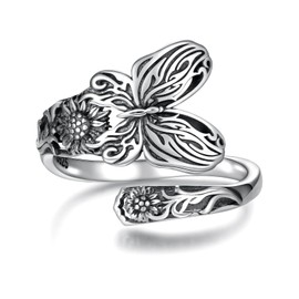 oGoodsunj Sterling Silver Spoon Rings for Women: Vintage Butterfly Lotus Just Breathe Turquoise Dragonfly Cross Rose Vintage Antique Thumb Ring for Mom Grandma (Butterfly B, 10 11 12)
