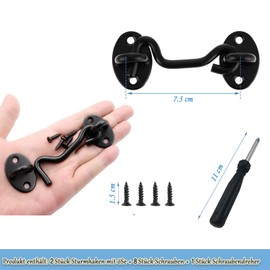 Storm Hooks, Pack of 2, Cabin Hooks, Stainless Steel Storm Hooks with Eyelet, Stainless Steel Black Gate Hook Lock for Gate, Garage, Fence, Window or Shed (7.5 cm / 3 Inches)