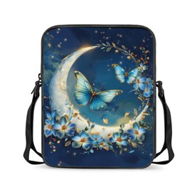 Wnbucioht Moon Blue Butterfly Crossbody Bag for Women Travel Mini Shoulder Handbags Butterfly Print Messenger Tote Bags Cute Sling Satchel for Girls Teens Crossbody Purse Gifts