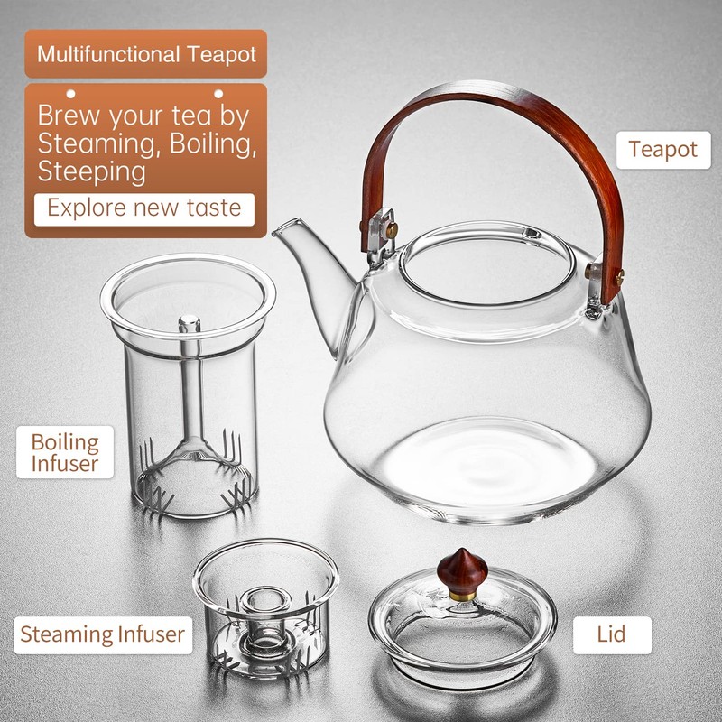 40oz Glass Teapot with Anti-Drip Spout, Peach Wood Handle and