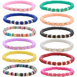 HYHONEY 12pcs/set Heishi Bracelet Surfer Bracelets for Women Stackable clay Beaded Stretch Bracelets Elastic Layering Bracelets Boho Summer Beach Bracelets Jewelry, adjustable, clay