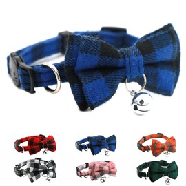 Blue Plaid Bow Dog Collar with Bell, Breakaway Cat Bell Collar with Bowtie Christmas Puppy Collars Boy for XXS Xs Small Tiny Little Pet Dogs Male Kitten, for Hoilday Birthday Party