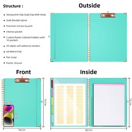 Ospelelf Clipboard Folio with Notepad for Letter Size, Clipboard Folder with Storage, 5 Folders with 10 Pockets, Elastic Closure and Pen Loop (Blue)