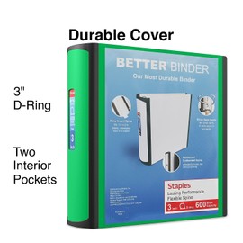 Staples 3-inch 3-Ring Better Binder, Green, 2/Pack (ST55894-CCVS)