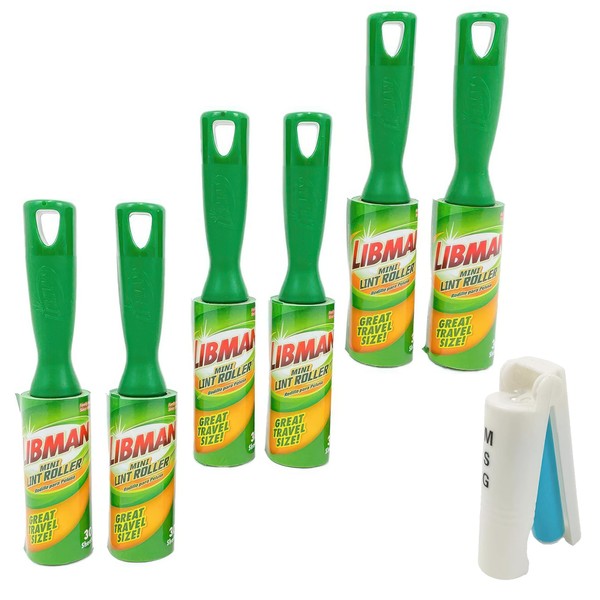 Libman Mini Lint Roller Set with Reusable Lint Remover Brush -Travel Sticky Lint Removing Tool for Pet Hair, Dust, Small Crumbs - 6.5" Portable Lint Brushes with Hanger Hole - 6 Pack (180 Sheets)