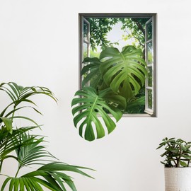 RoyoLam 3D Monstera Leaves Fake Window Wall Stickers for Living Room Green Plants Jungle View Wall Decals Removable Peel and Stick Wall Art Home Decor Decoration for Bedroom Bathroom Classroom Library