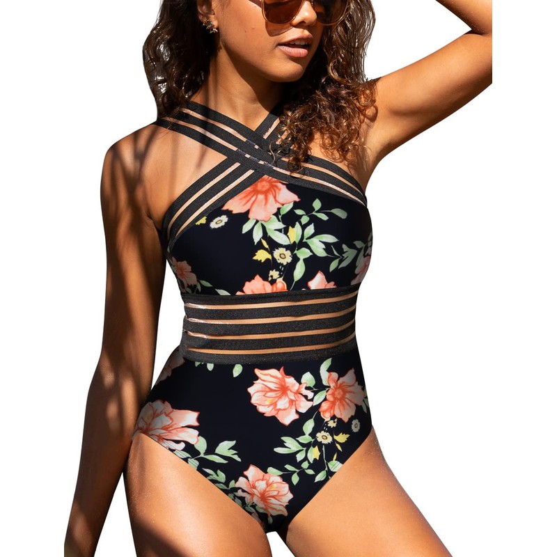 Hilor Women's One Piece Swimwear Front Crossover Swimsuits Hollow Bathing