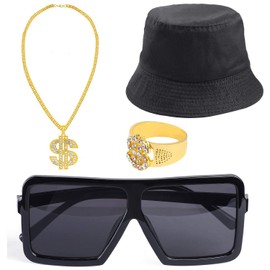 Beelittle 80s/90s Hip Hop Costume Kit Cool Rapper Outfits,Bucket Hat Sunglasses Gold Plated Chain (Q)