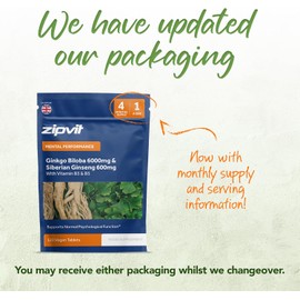 Zipvit Ginkgo Biloba 6000mg & Siberian Ginseng 600mg with Vitamins B3 & B5 – 120 Vegan Tablets – Supports Mental Function, Reduces Fatigue, Enhances Cognitive Performance – 4-Month Supply