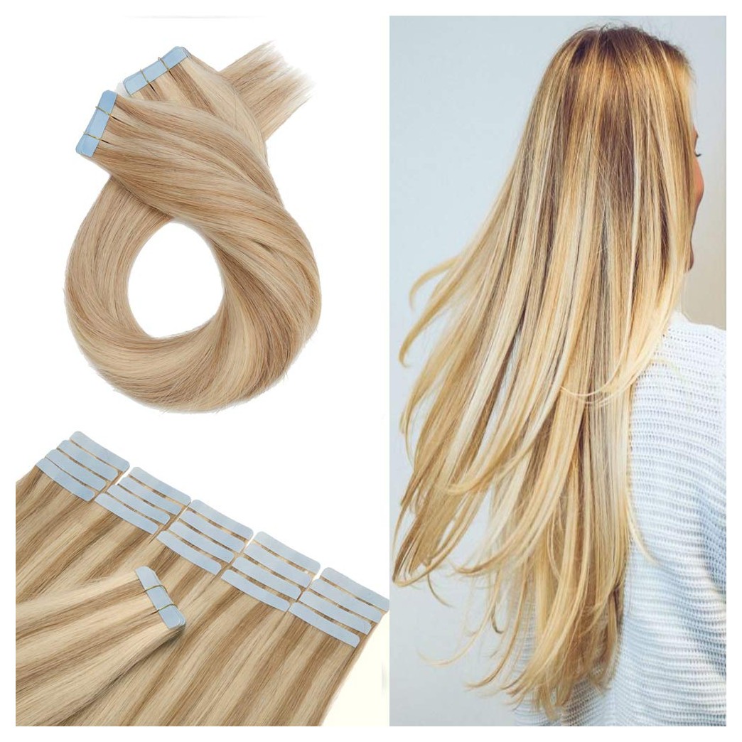 16 Inch 100g Tape in Remy Human Hair Extensions 40Pcs Highlighted #18/613 Ash Blonde Mix Bleach Blonde Long Straight Hair Seamless Skin Weft Glue in Hairpieces Invisible Double Sided Tape